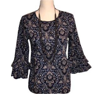 J. Crew Blue Ivory Floral Top with Ruffle Sleeves